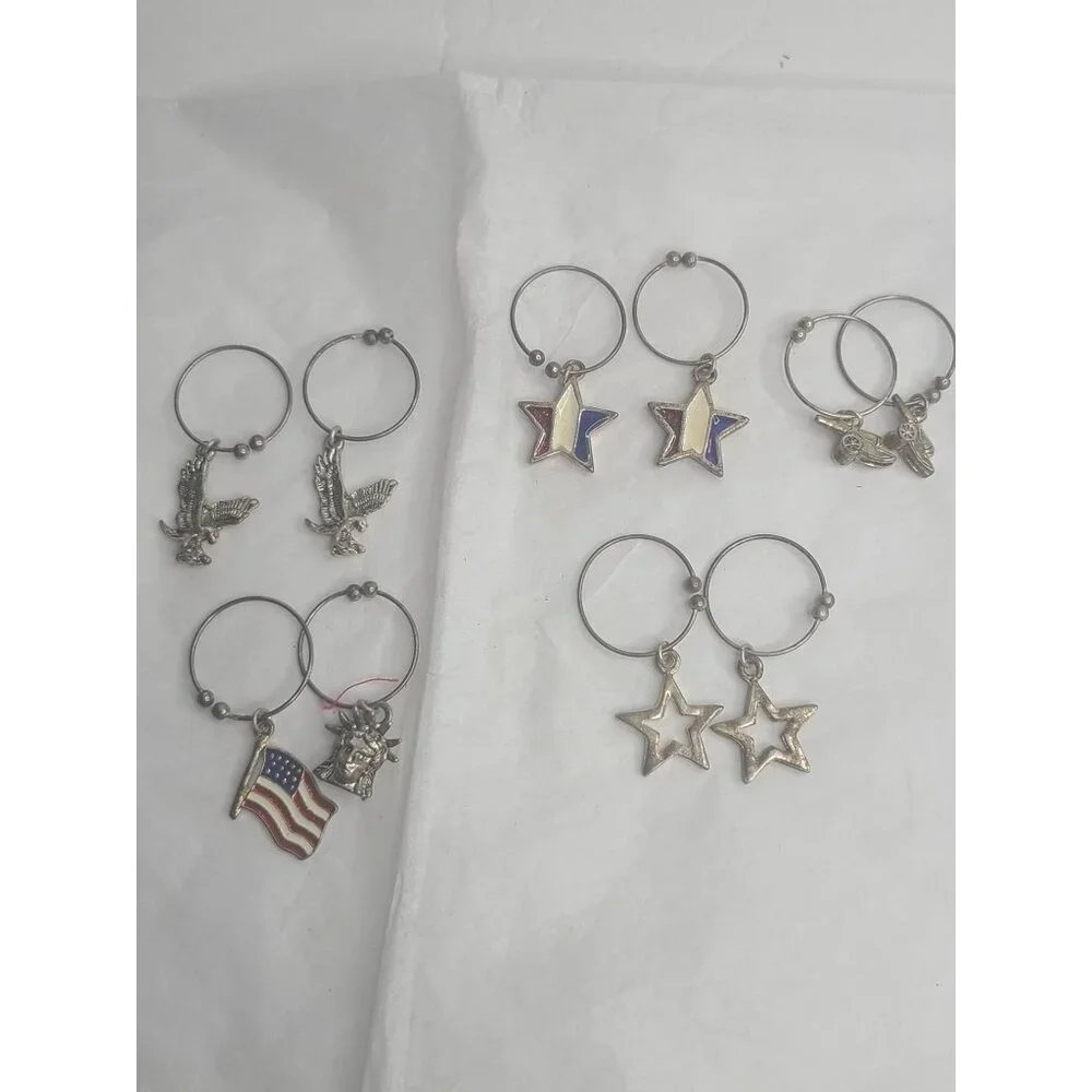 Vintage Wine Glass Charms Set Of 10 Patriotic & Americana Themed Metal Charms En